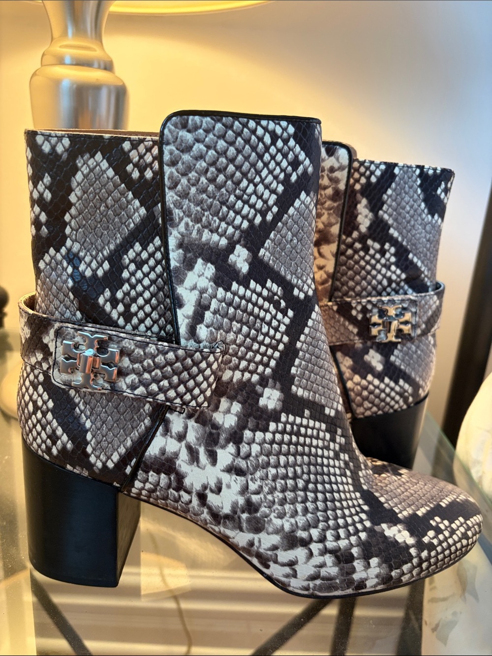 Women’s Tory Burch Snake-Print Ankle Boots in Black & White